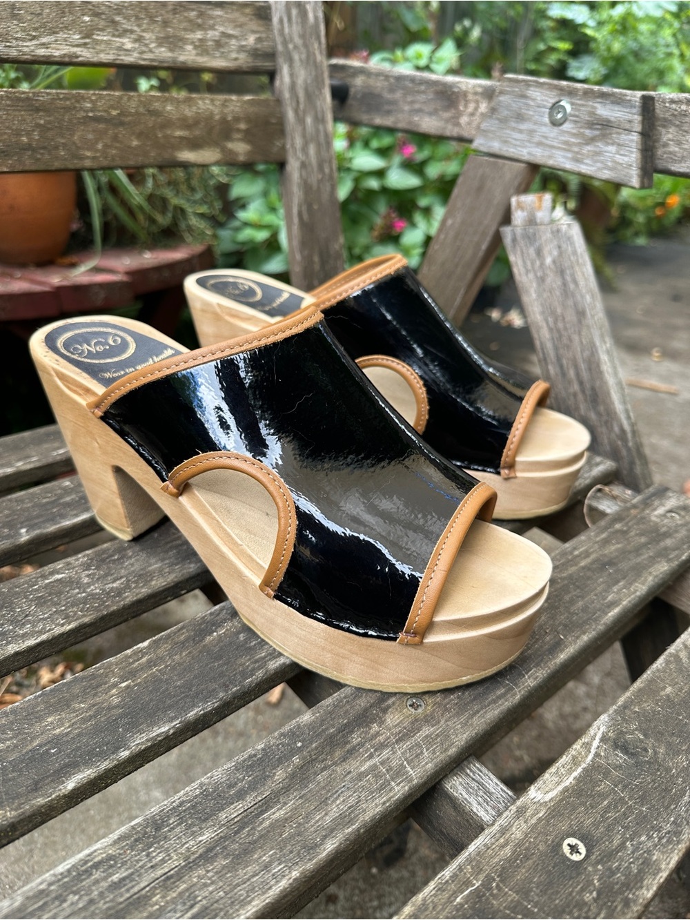 No. 6 Alexis Clogs- Black Patent Leather and Tan Wood-Platform Mule Heels
